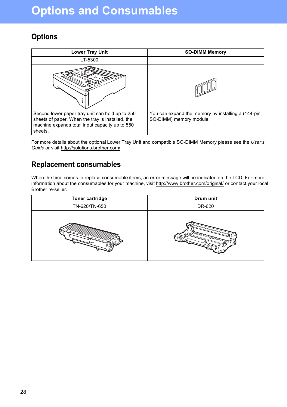 Options and consumables, Options, Replacement consumables | Brother DCP 8080DN User Manual | Page 28 / 29
