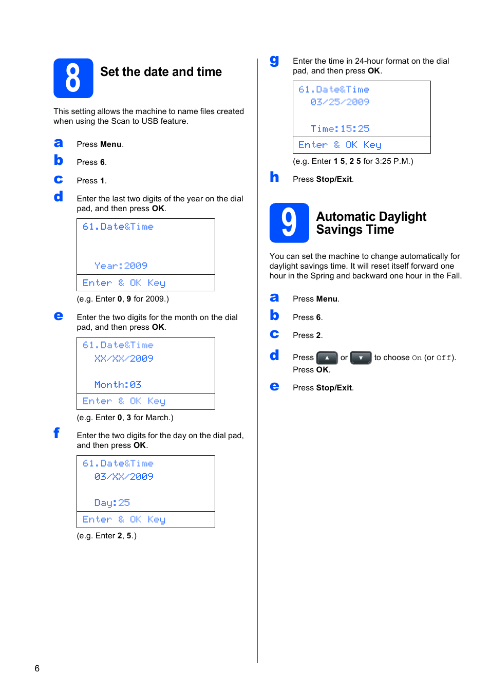 8 set the date and time, 9 automatic daylight savings time | Brother DCP 8080DN User Manual | Page 6 / 29