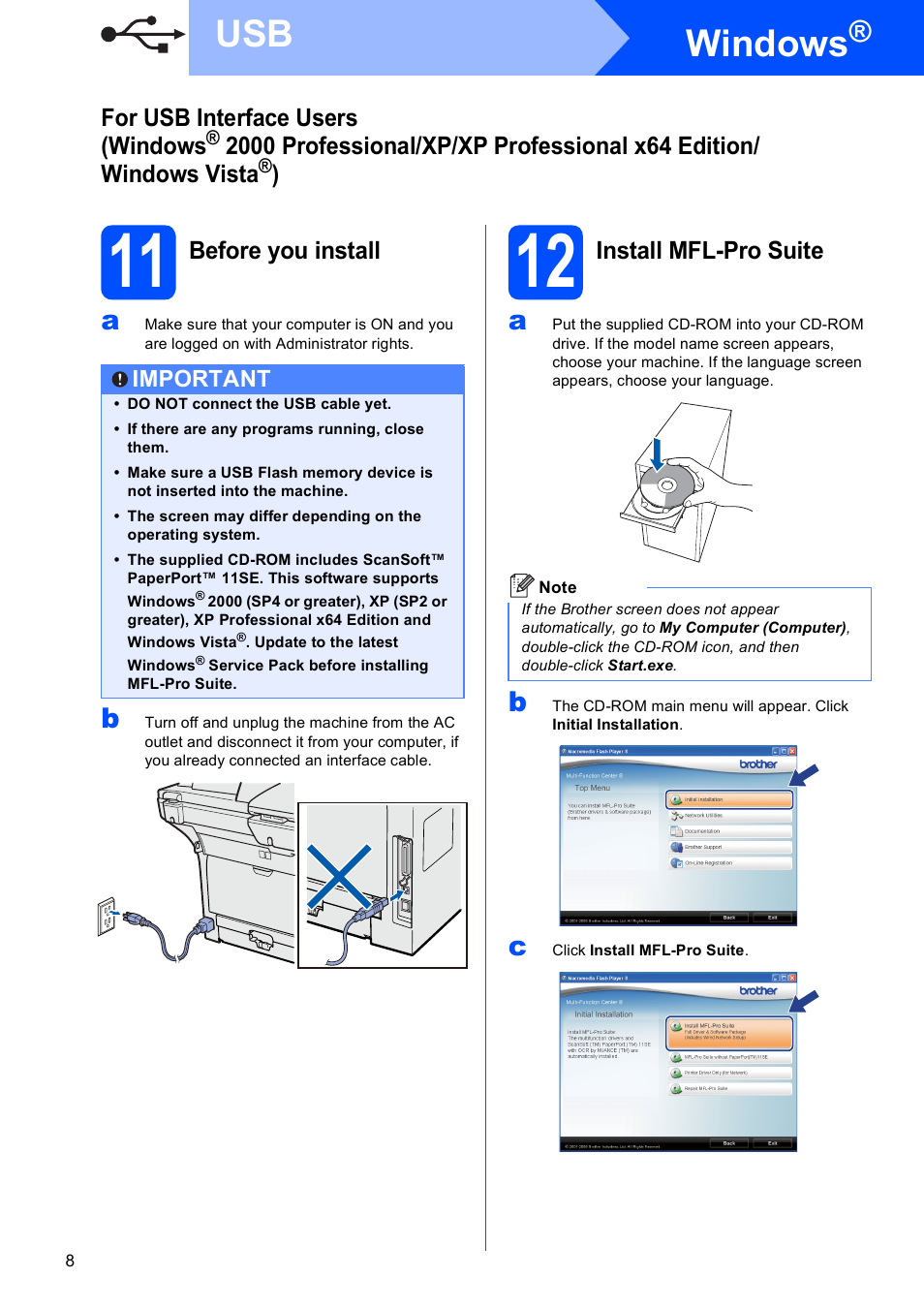 11 before you install, 12 install mfl-pro suite, Windows | Brother DCP 8080DN User Manual | Page 8 / 29