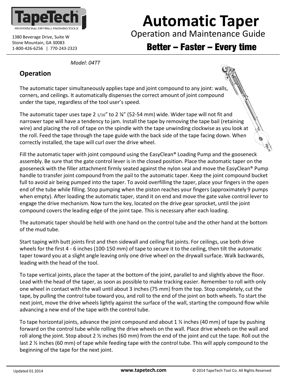 Slide number 3, Automatic taper, Operation and maintenance guide | Better – faster – every time, Operation | TapeTech 04TT EasyClean Automatic Taper User Manual | Page 3 / 4