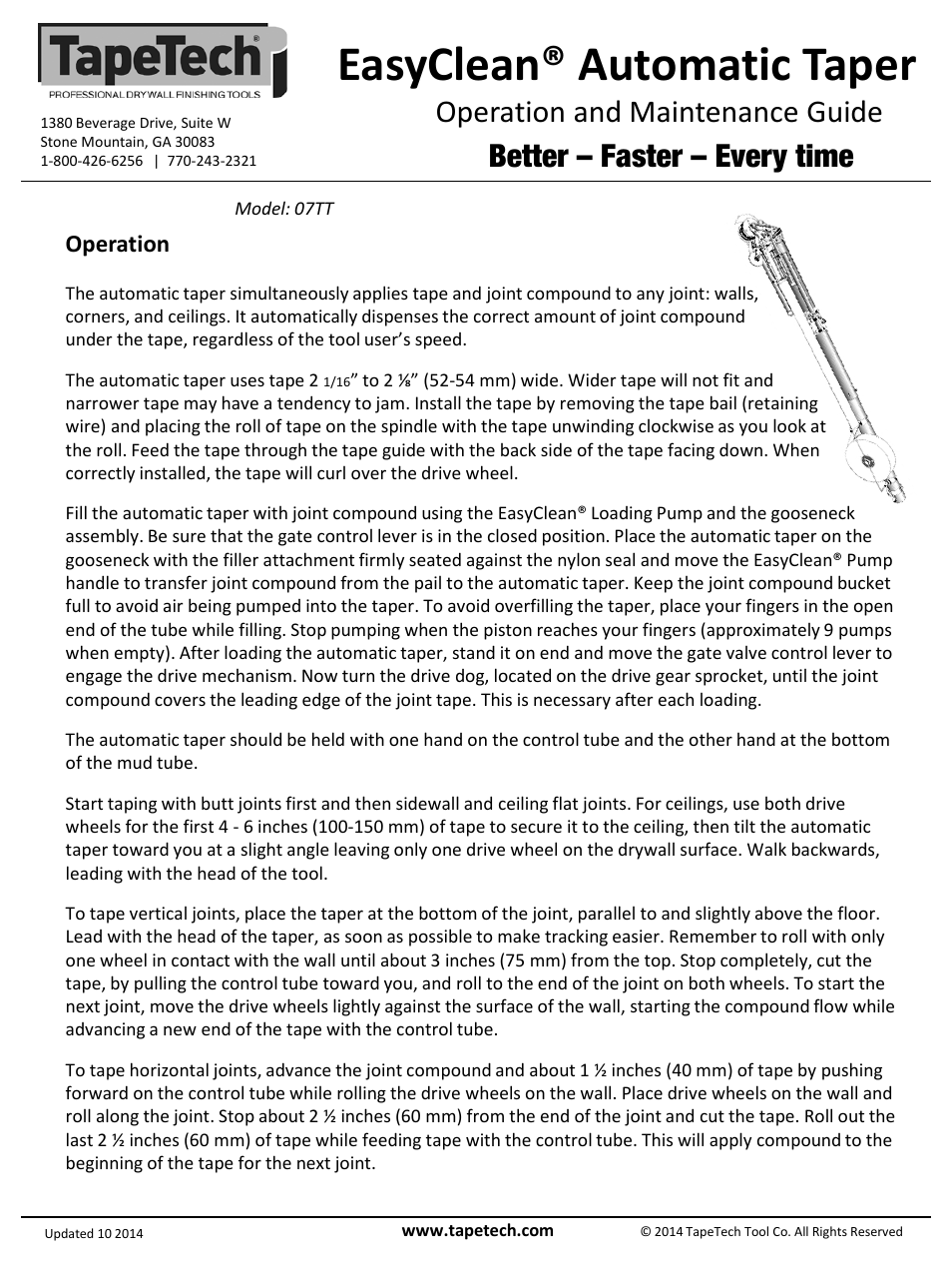 Slide number 3, Easyclean® automatic taper, Operation and maintenance guide | Better – faster – every time, Operation | TapeTech 07TT EasyClean Automatic Taper User Manual | Page 3 / 4