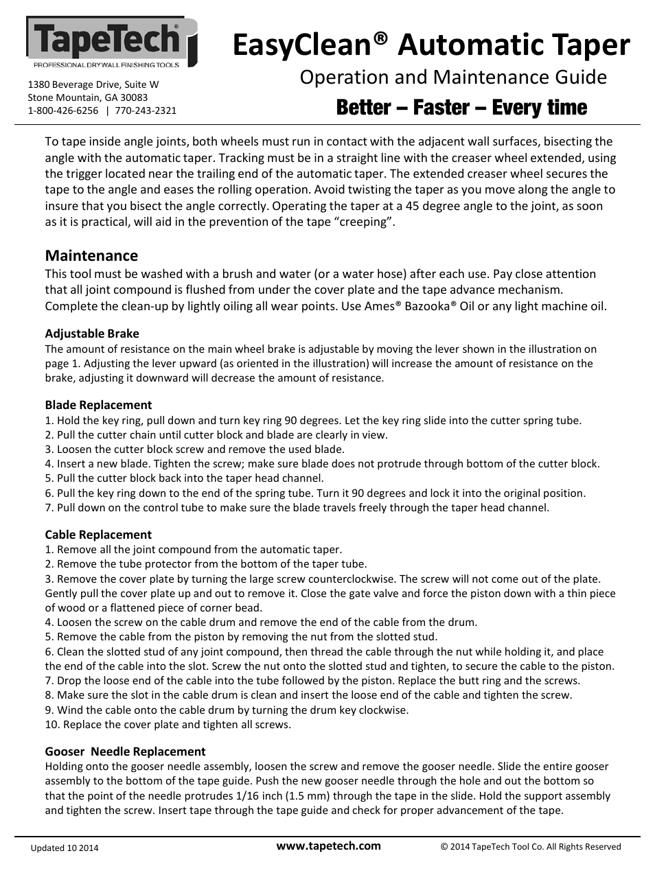 Slide number 4, Easyclean® automatic taper, Operation and maintenance guide | Better – faster – every time, Maintenance | TapeTech 07TT EasyClean Automatic Taper User Manual | Page 4 / 4