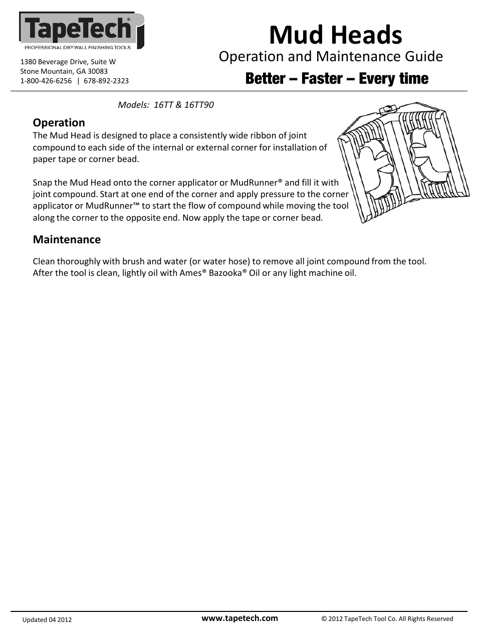 TapeTech 16TT90 Mud Head - 90 Degree Inside Corner User Manual | 1 page