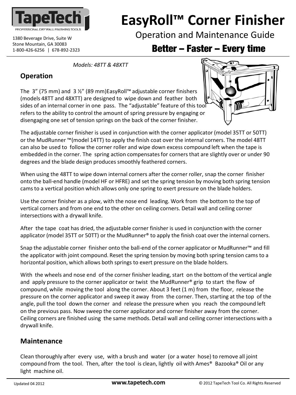 Slide number 2, Easyroll™ corner finisher, Operation and maintenance guide | Better – faster – every time, Operation, Maintenance | TapeTech 48TT 3 EasyRoll Adj. Corner Finisher User Manual | Page 2 / 2