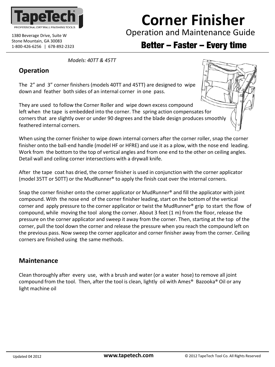 Slide number 2, Corner finisher, Operation and maintenance guide | Better – faster – every time, Operation, Maintenance | TapeTech 40TT 2 Corner Finisher User Manual | Page 2 / 2