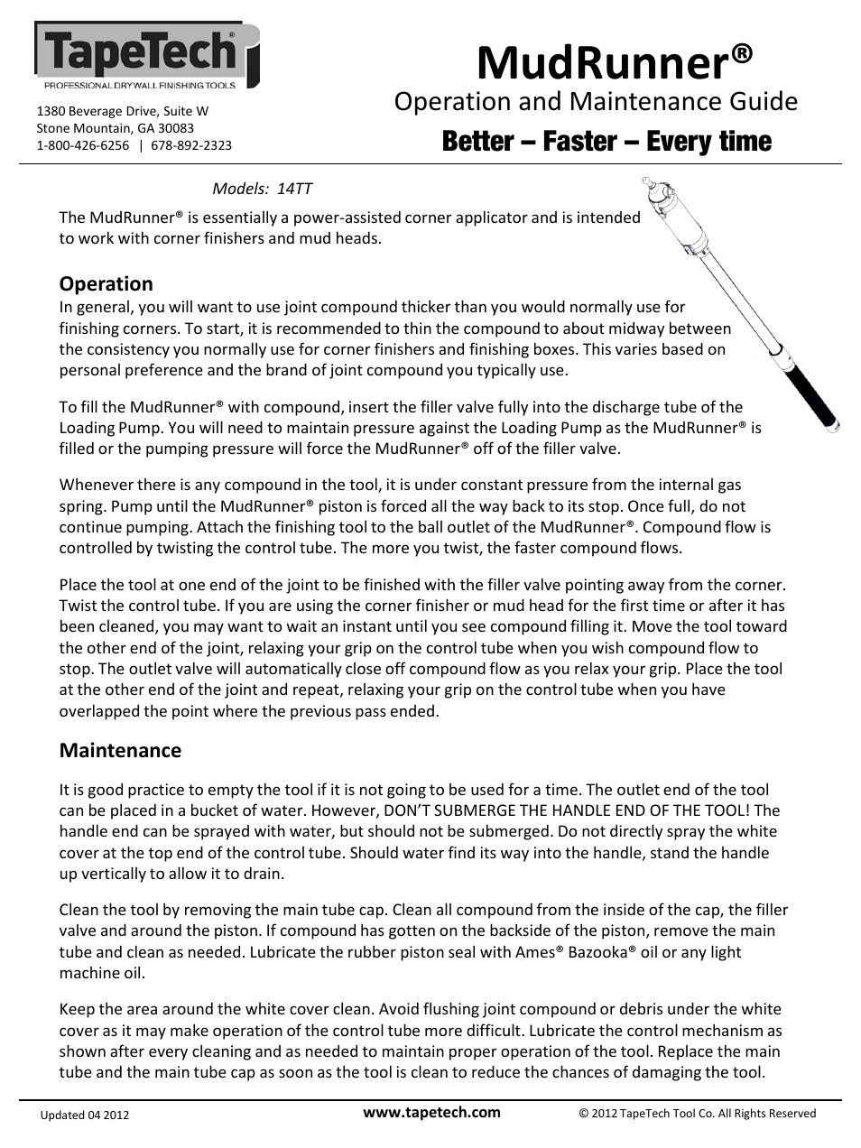 Slide number 2, Mudrunner, Operation and maintenance guide | Better – faster – every time, Operation, Maintenance | TapeTech 14TT MudRunner User Manual | Page 2 / 2