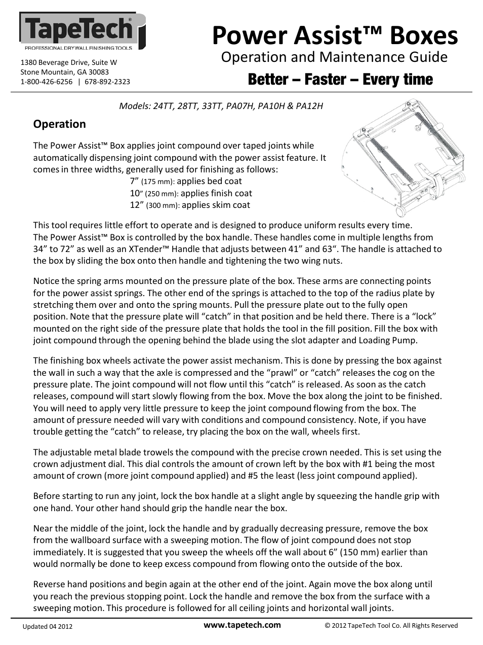 Slide number 3, Power assist™ boxes, Operation and maintenance guide | Better – faster – every time, Operation | TapeTech PA10H Power Assist Box User Manual | Page 3 / 4