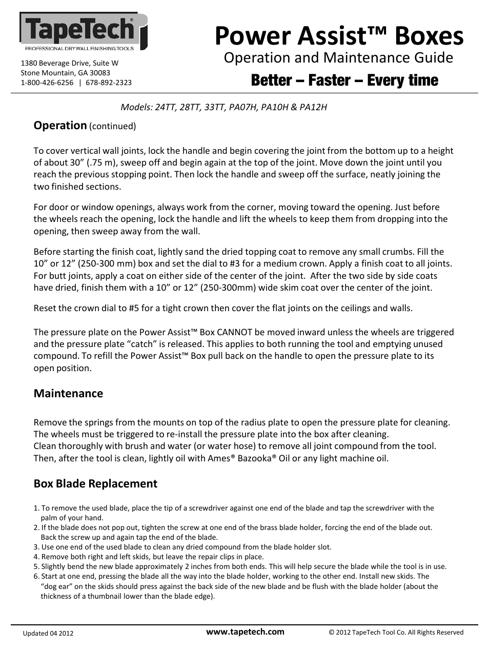 Slide number 4, Power assist™ boxes, Operation and maintenance guide | Better – faster – every time, Operation, Maintenance, Box blade replacement | TapeTech PA10H Power Assist Box User Manual | Page 4 / 4