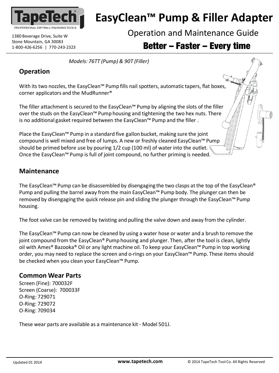 Slide number 2, Easyclean™ pump & filler adapter, Operation and maintenance guide | Better – faster – every time, Operation, Maintenance, Common wear parts | TapeTech 76TT EasyClean User Manual | Page 2 / 2