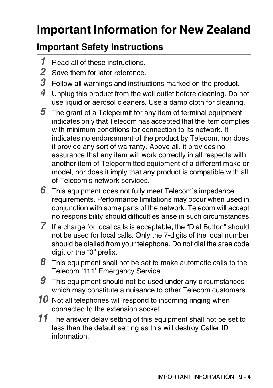 Important information for new zealand, Important safety instructions, Important information for new zealand -4 | Important safety instructions -4 | Brother 1840C User Manual | Page 106 / 192