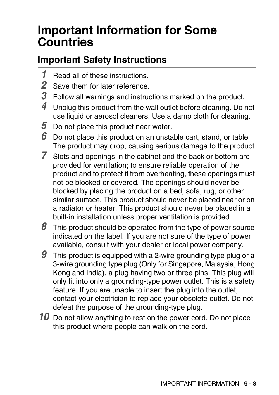 Important information for some countries, Important safety instructions, Important information for some countries -8 | Important safety instructions -8 | Brother 1840C User Manual | Page 110 / 192