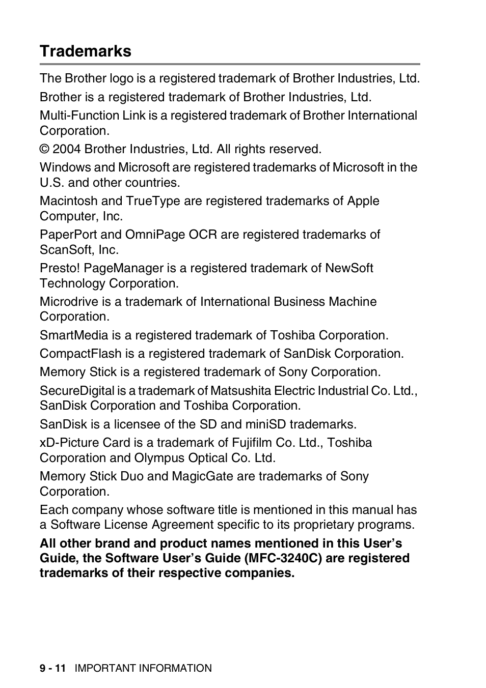 Trademarks, Trademarks -11 | Brother 1840C User Manual | Page 113 / 192