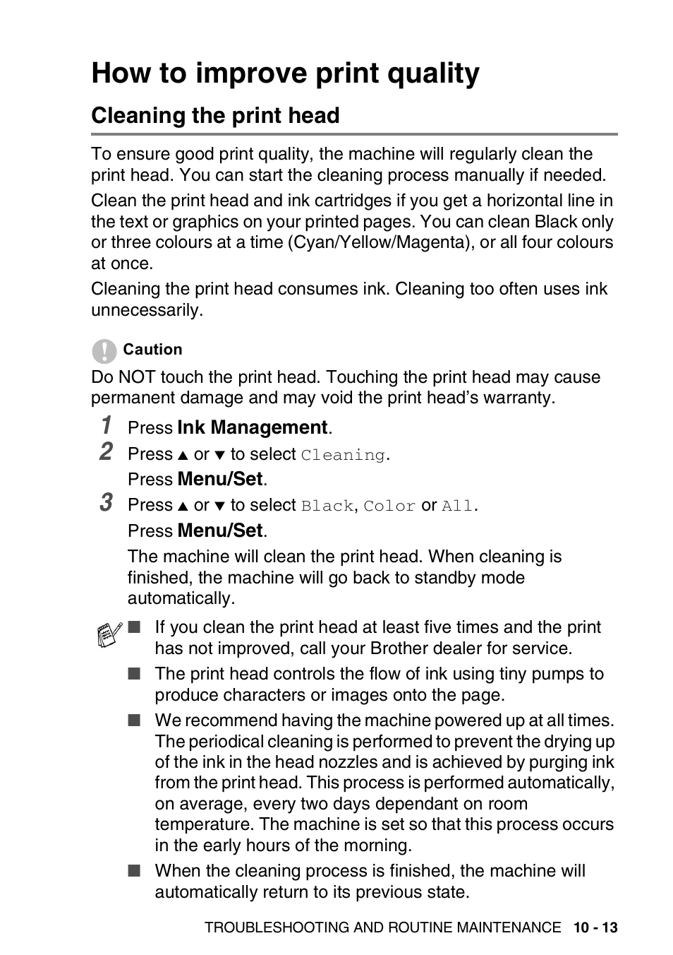 How to improve print quality, Cleaning the print head, How to improve print quality -13 | Cleaning the print head -13 | Brother 1840C User Manual | Page 126 / 192