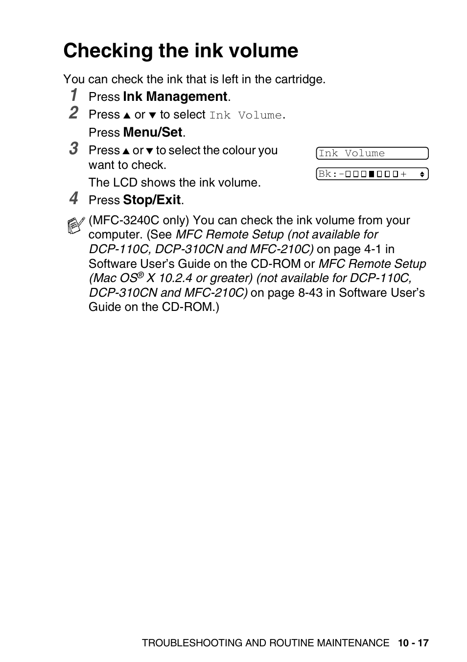 Checking the ink volume, Checking the ink volume -17 | Brother 1840C User Manual | Page 130 / 192