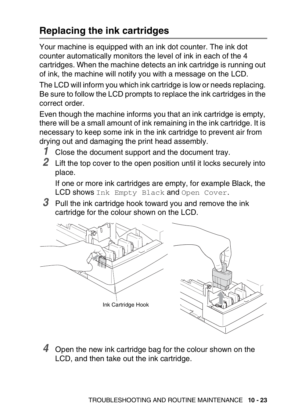 Replacing the ink cartridges, Replacing the ink cartridges -23 | Brother 1840C User Manual | Page 136 / 192