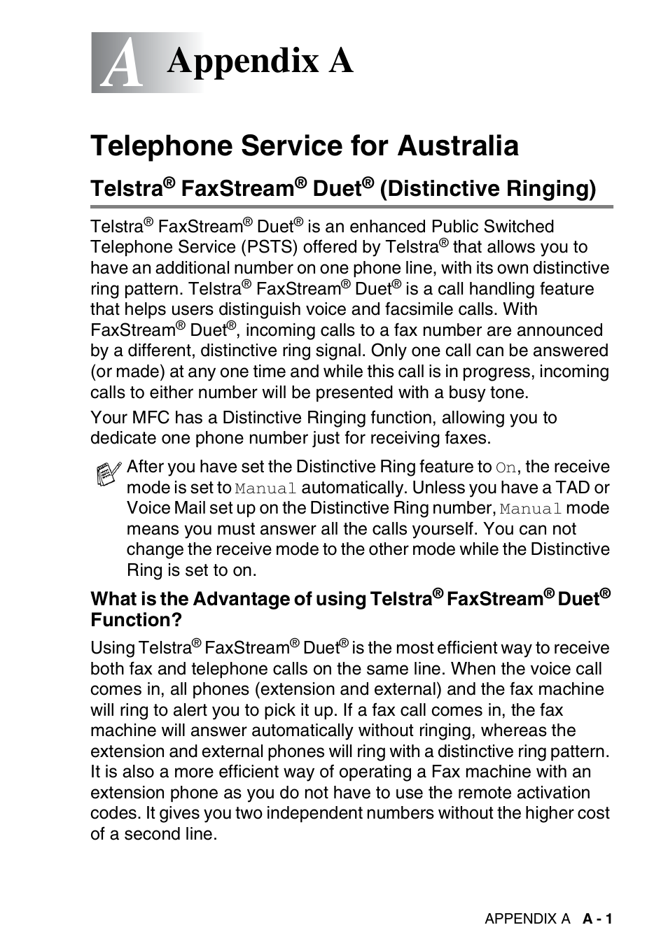 Appendix a, Telephone service for australia, Telstra® faxstream® duet® (distinctive ringing) | Telstra, Faxstream, Duet, Distinctive ringing) .......a-1, What is the advantage of using telstra, Function?.............................a-1, Distinctive ringing) | Brother 1840C User Manual | Page 140 / 192