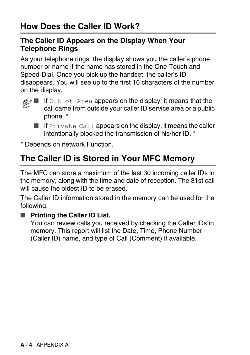 How does the caller id work, The caller id is stored in your mfc memory, The caller id appears on the display when your | Brother 1840C User Manual | Page 143 / 192