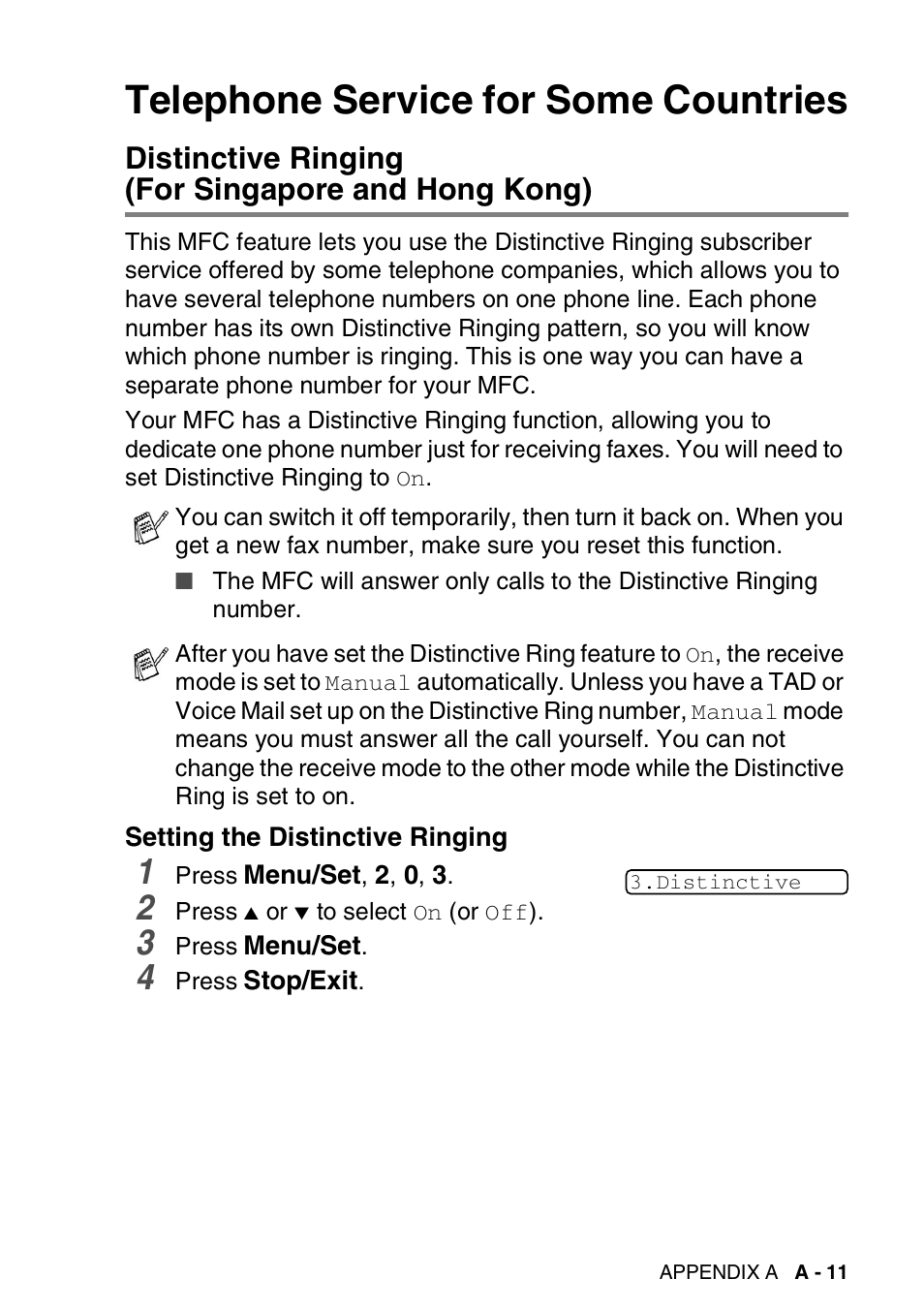 Telephone service for some countries, Distinctive ringing (for singapore and hong kong), Setting the distinctive ringing | Distinctive ringing | Brother 1840C User Manual | Page 150 / 192