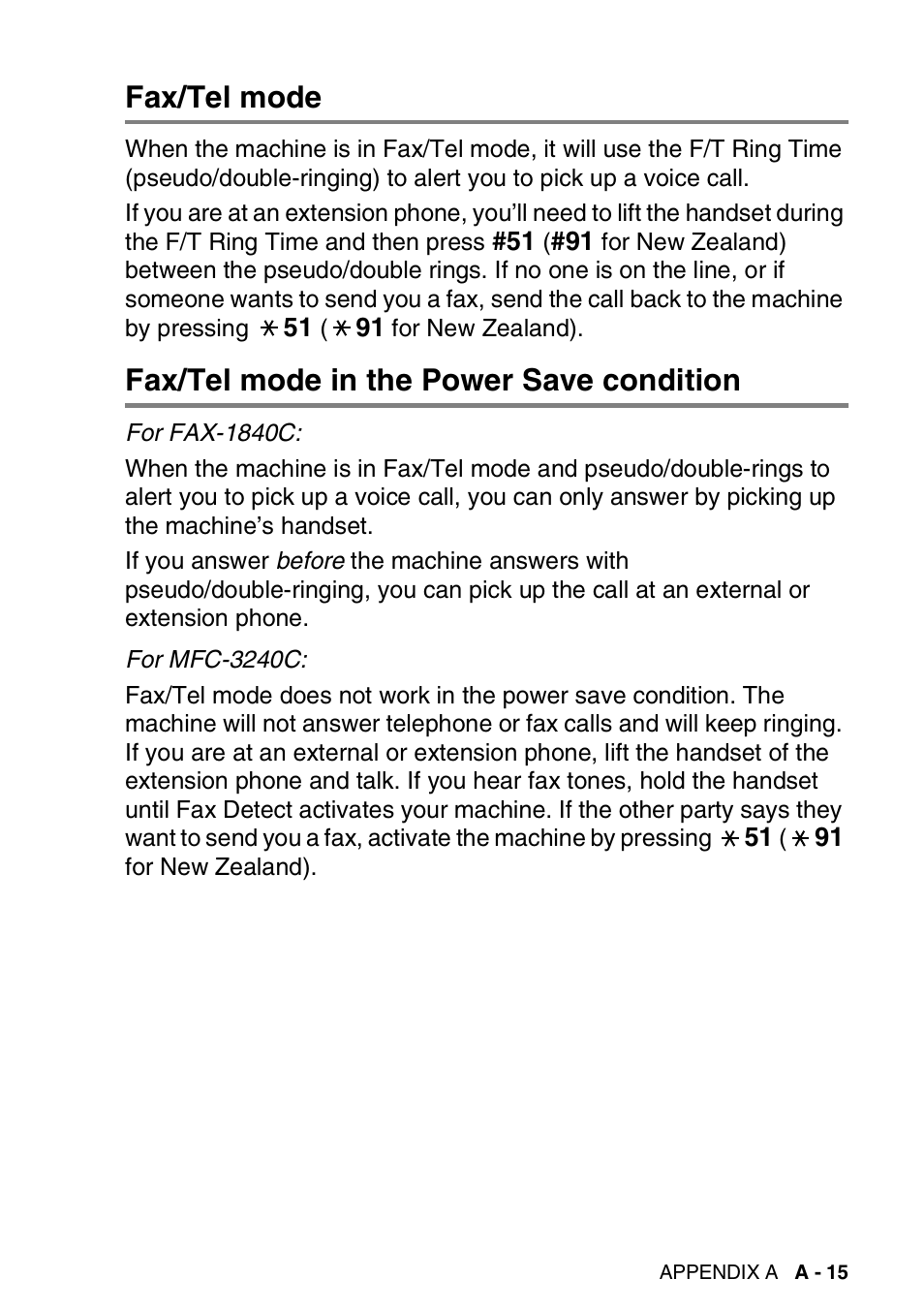 Fax/tel mode, Fax/tel mode in the power save condition | Brother 1840C User Manual | Page 154 / 192