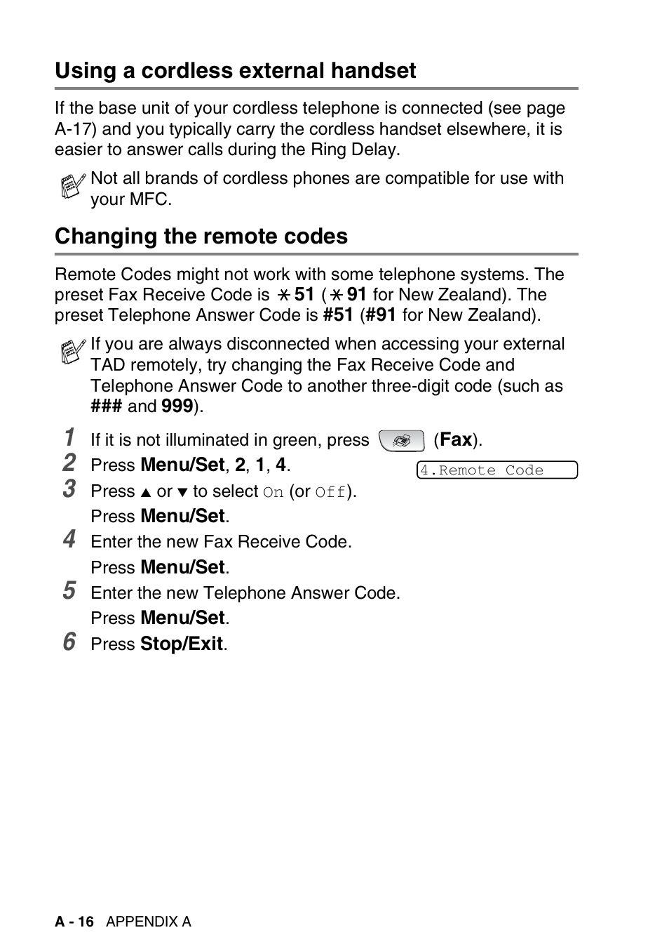 Using a cordless external handset, Changing the remote codes | Brother 1840C User Manual | Page 155 / 192