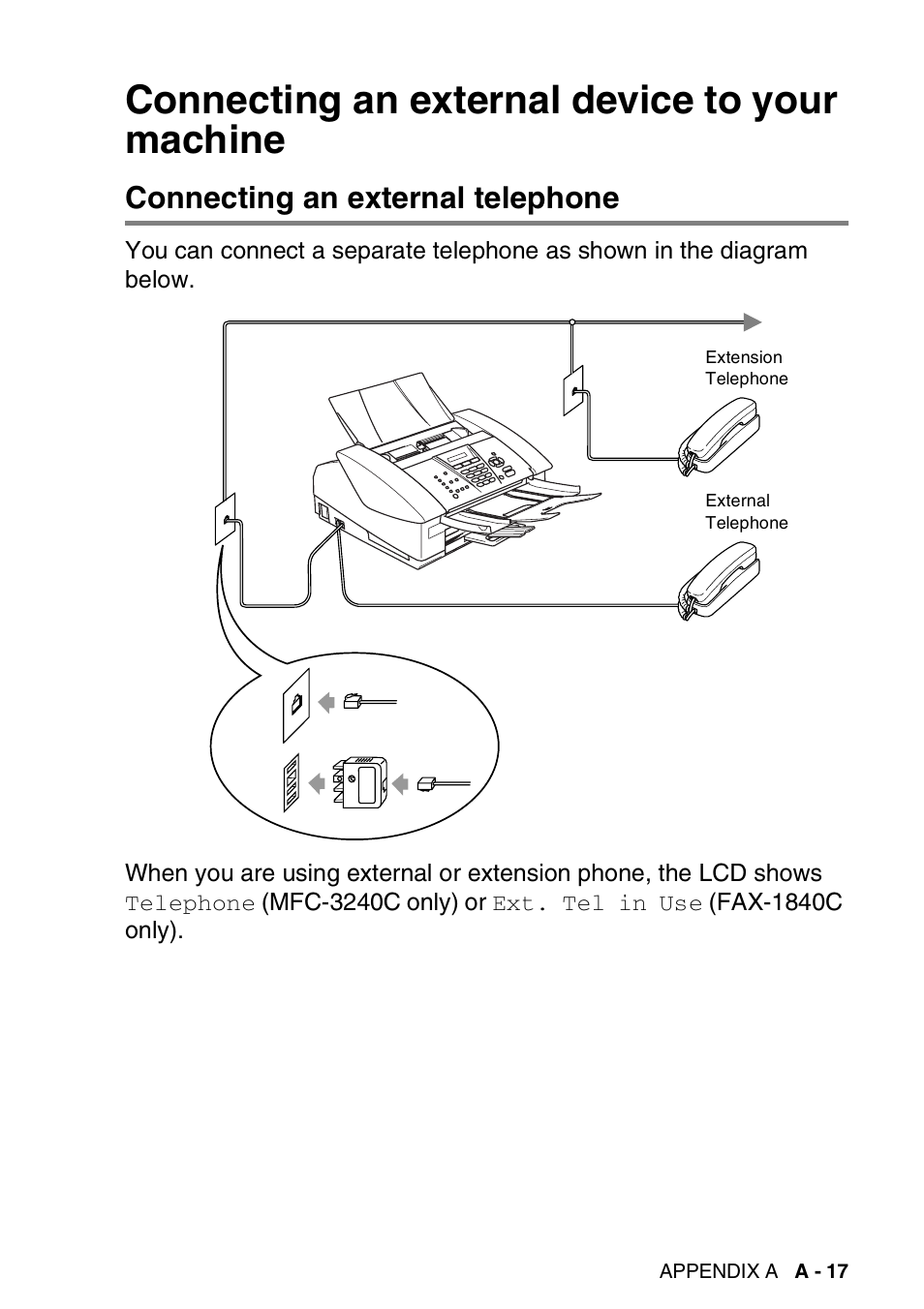 Connecting an external device to your machine, Connecting an external telephone | Brother 1840C User Manual | Page 156 / 192