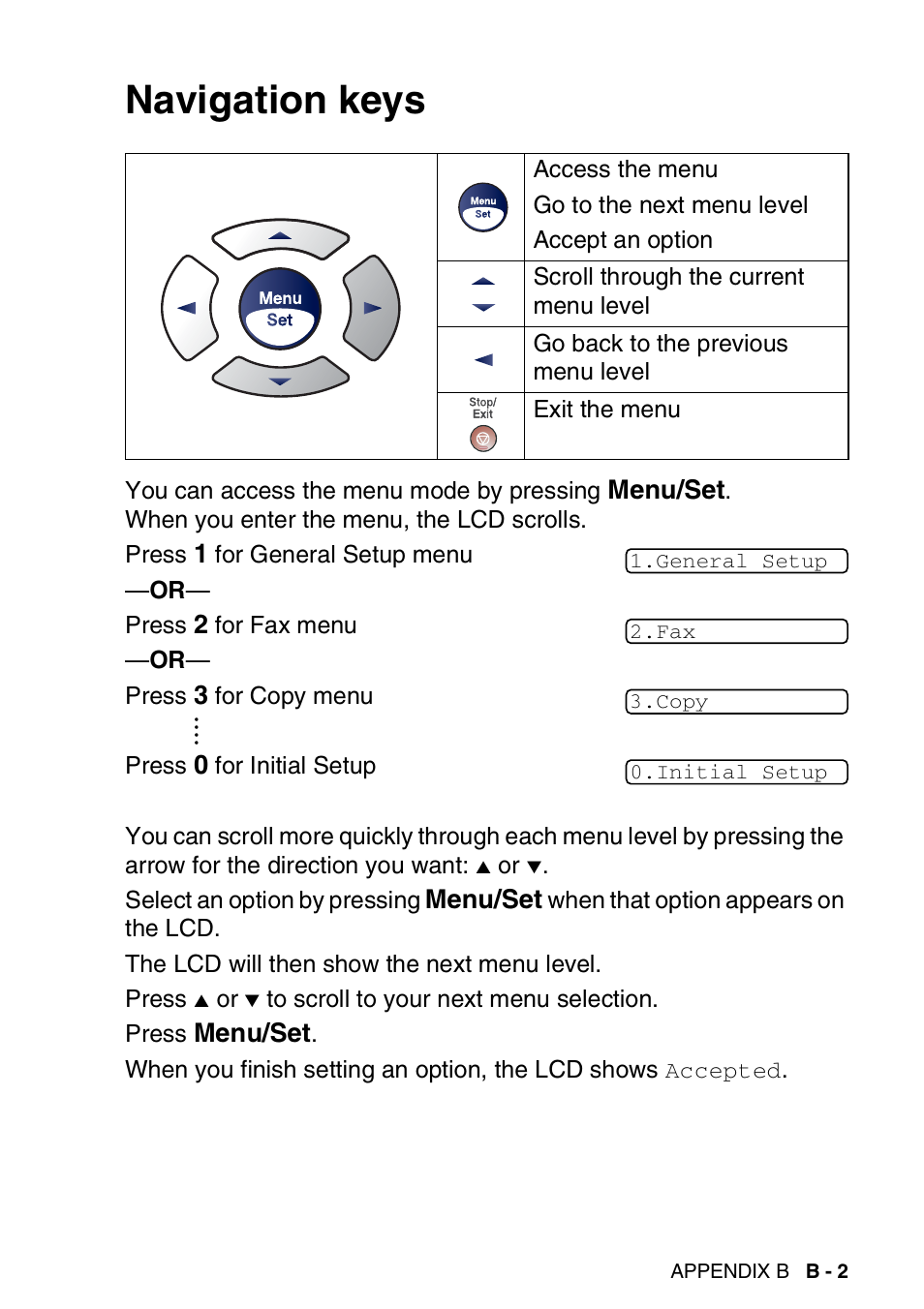 Navigation keys | Brother 1840C User Manual | Page 162 / 192