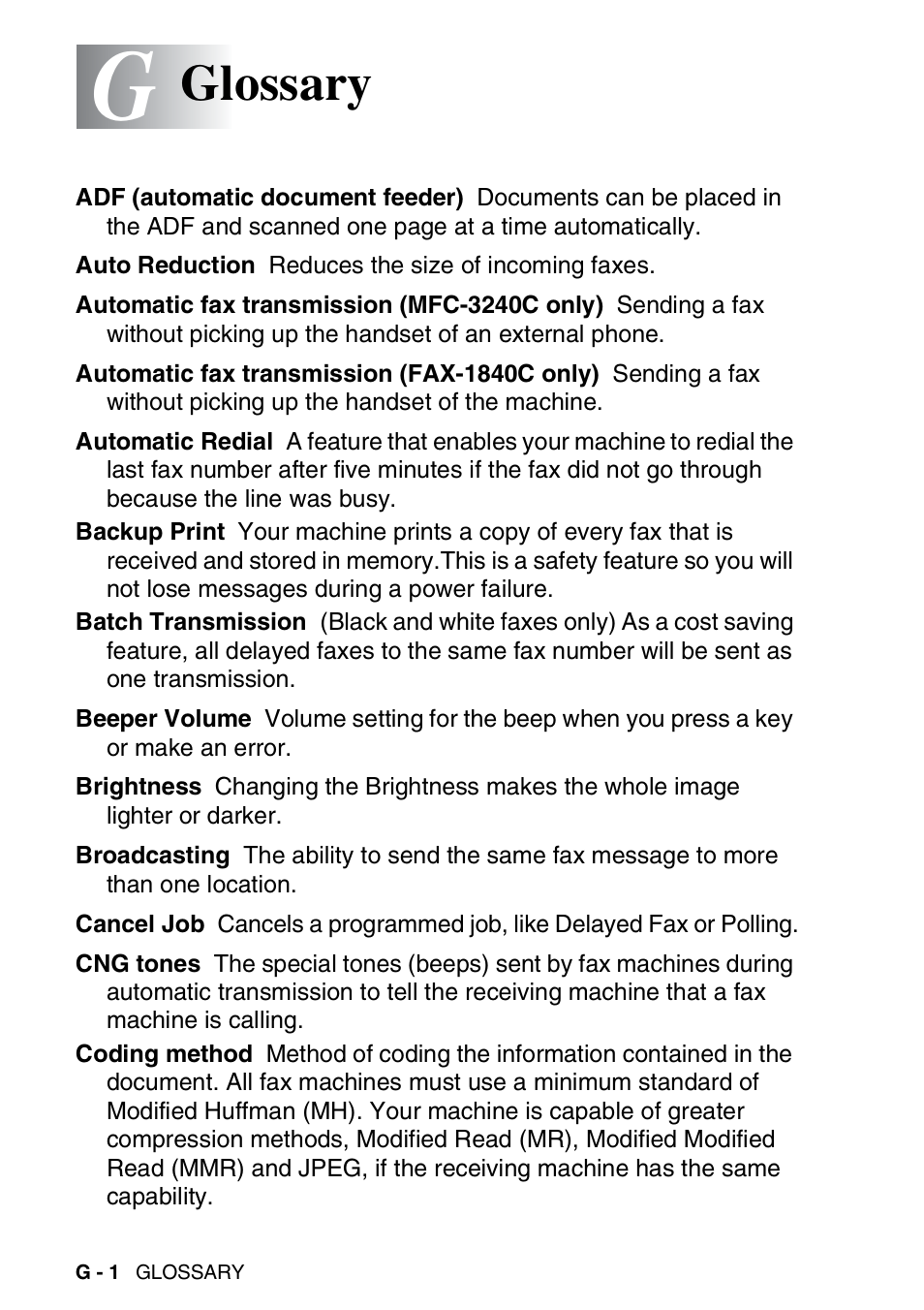 Glossary | Brother 1840C User Manual | Page 171 / 192