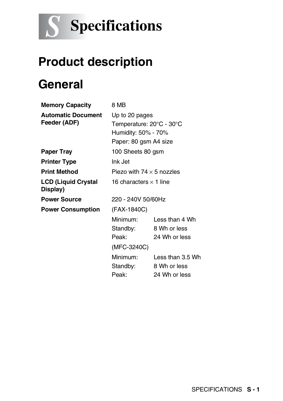 Specifications, Product description, General | Product description general | Brother 1840C User Manual | Page 176 / 192