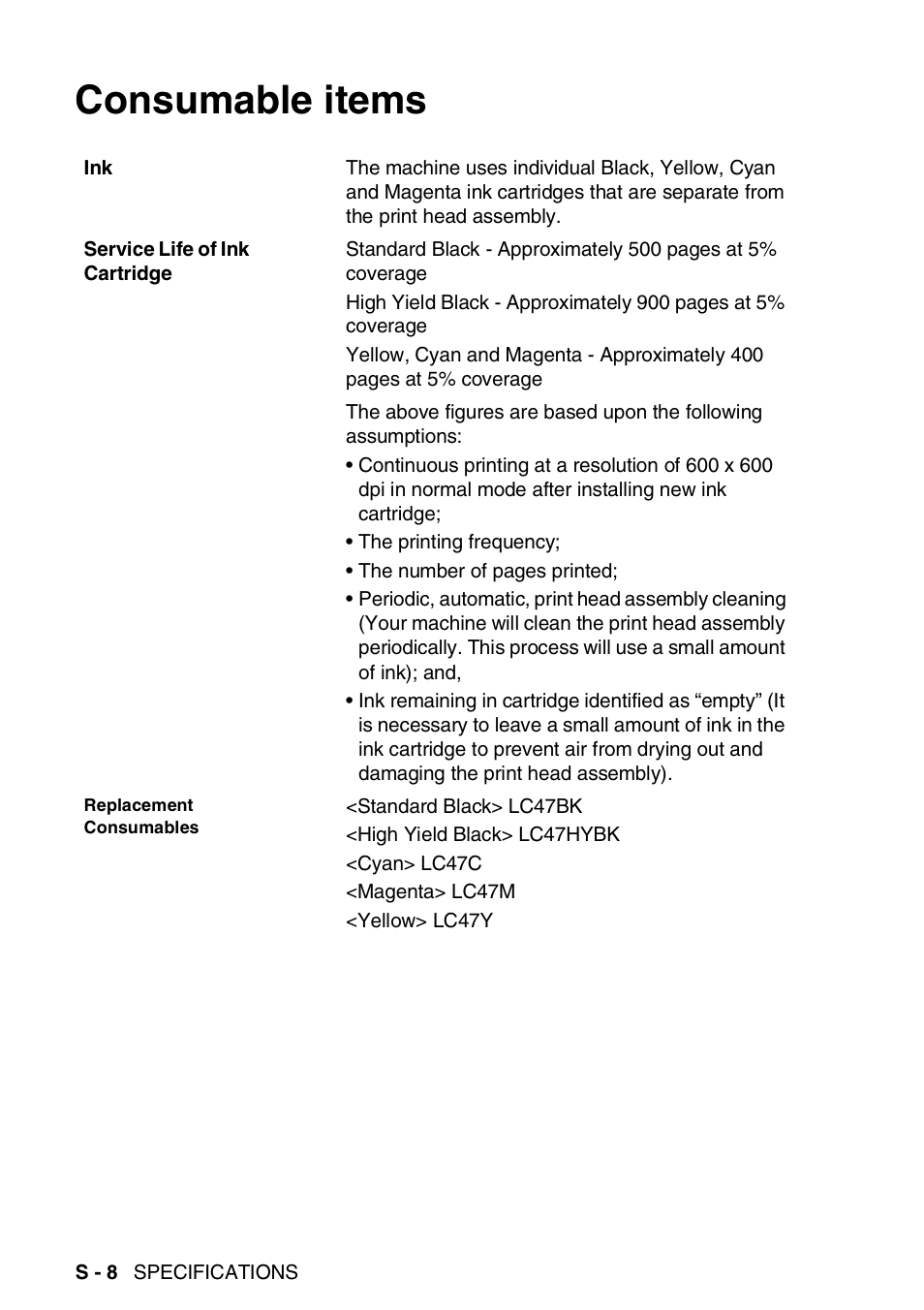 Consumable items | Brother 1840C User Manual | Page 183 / 192