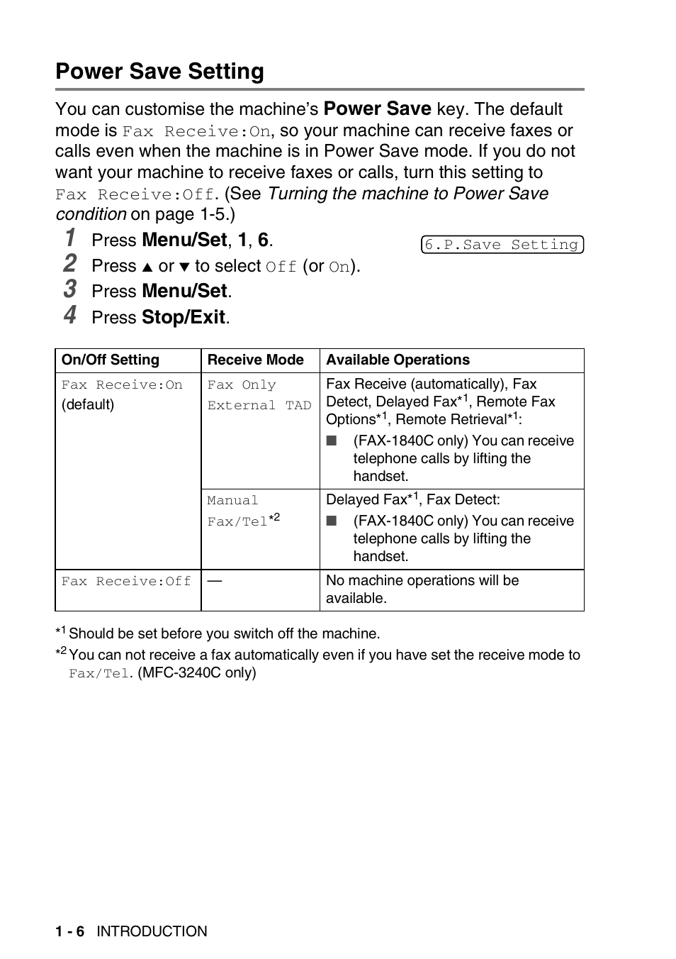 Power save setting, Power save setting -6, Power save | Menu/set, Stop/exit | Brother 1840C User Manual | Page 21 / 192