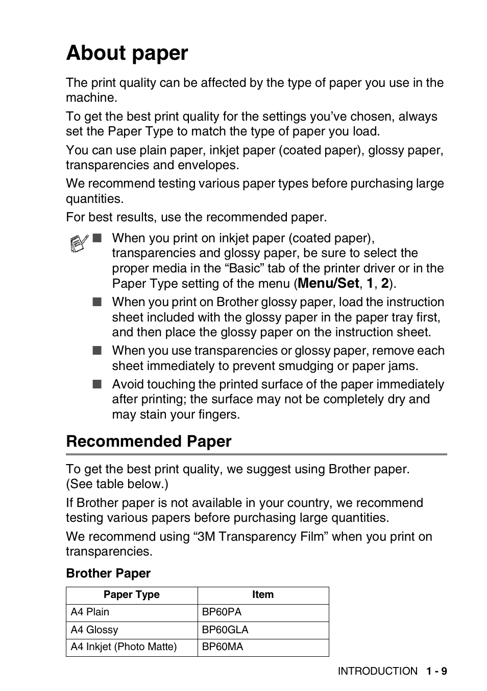 About paper, Recommended paper, About paper -9 | Recommended paper -9 | Brother 1840C User Manual | Page 24 / 192