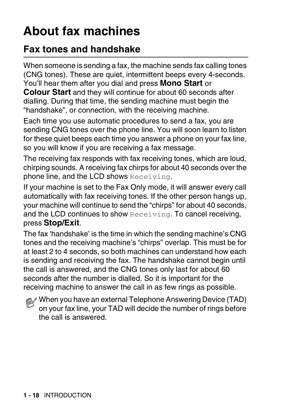 About fax machines, Fax tones and handshake, About fax machines -18 | Fax tones and handshake -18 | Brother 1840C User Manual | Page 33 / 192