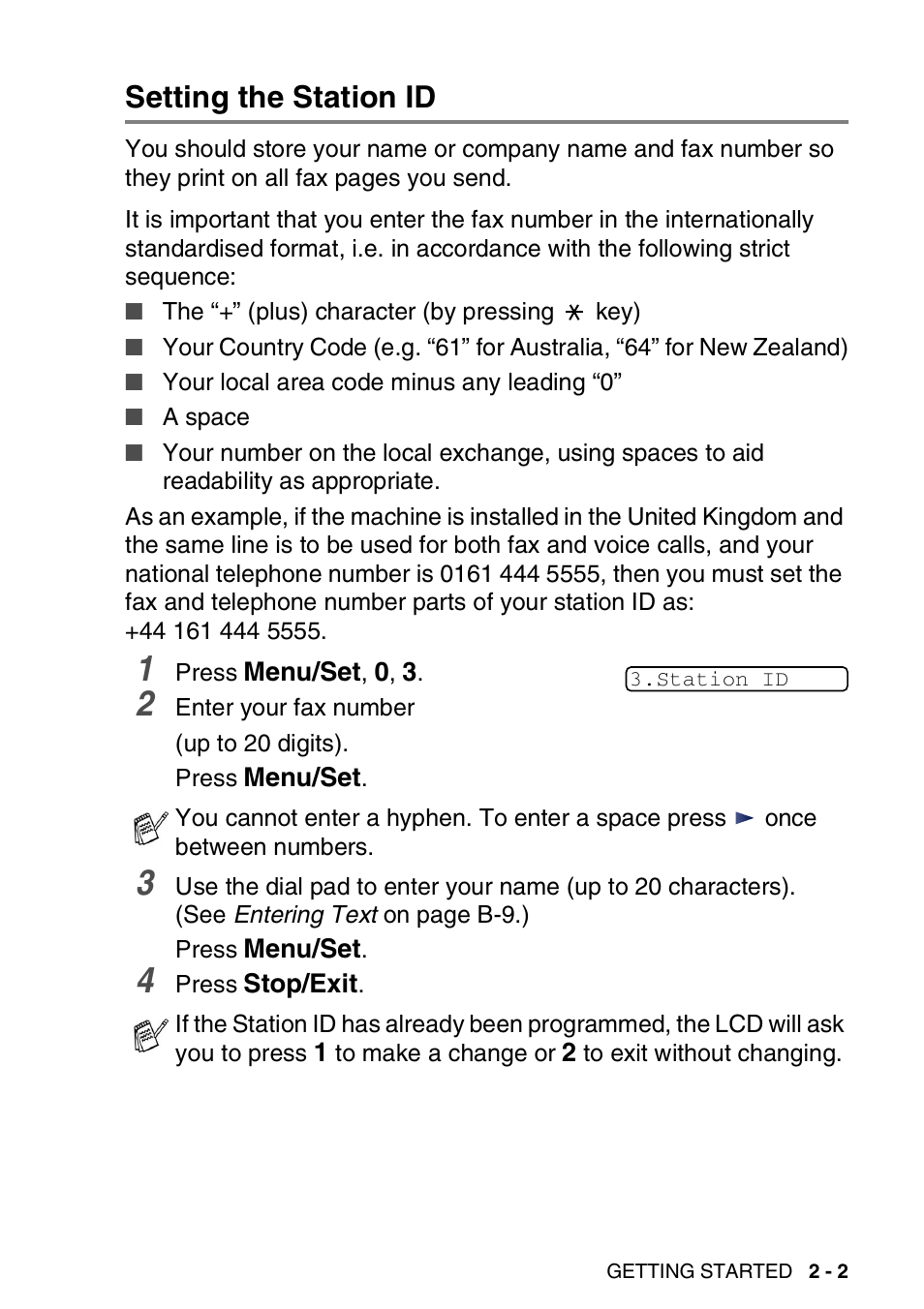 Setting the station id, Setting the station id -2 | Brother 1840C User Manual | Page 36 / 192