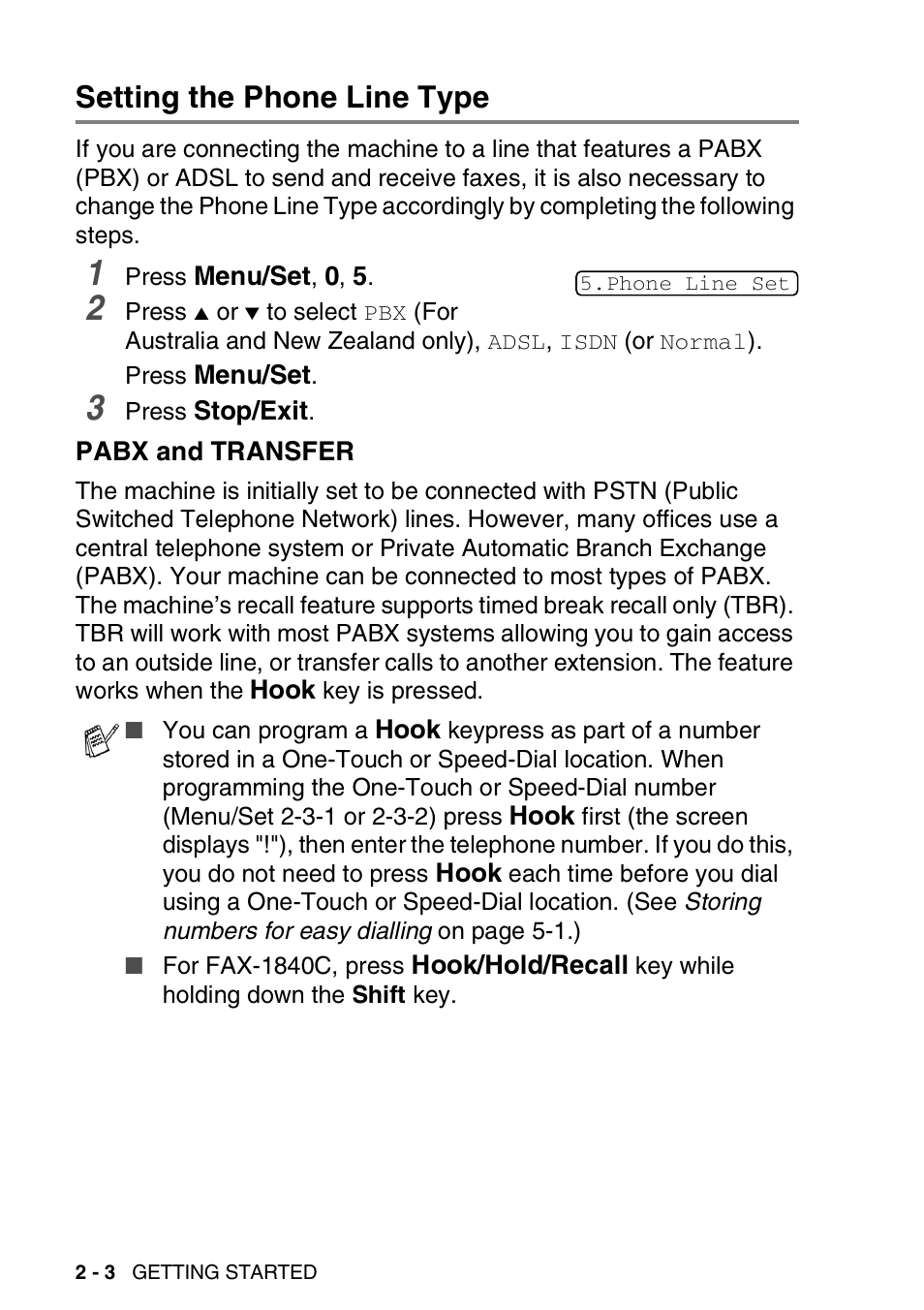 Setting the phone line type, Pabx and transfer, Setting the phone line type -3 | Pabx and transfer -3 | Brother 1840C User Manual | Page 37 / 192