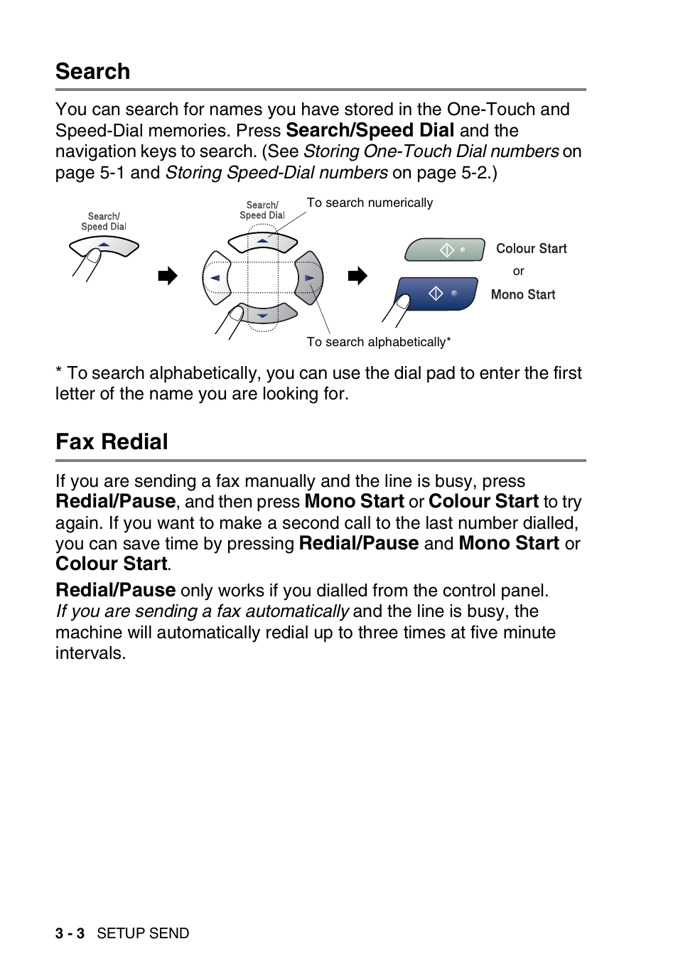 Search, Fax redial, Search -3 fax redial -3 | Brother 1840C User Manual | Page 45 / 192