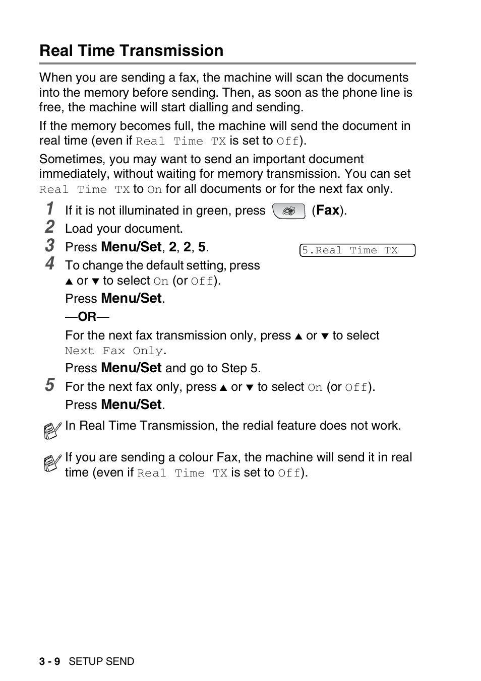 Real time transmission, Real time transmission -9 | Brother 1840C User Manual | Page 51 / 192