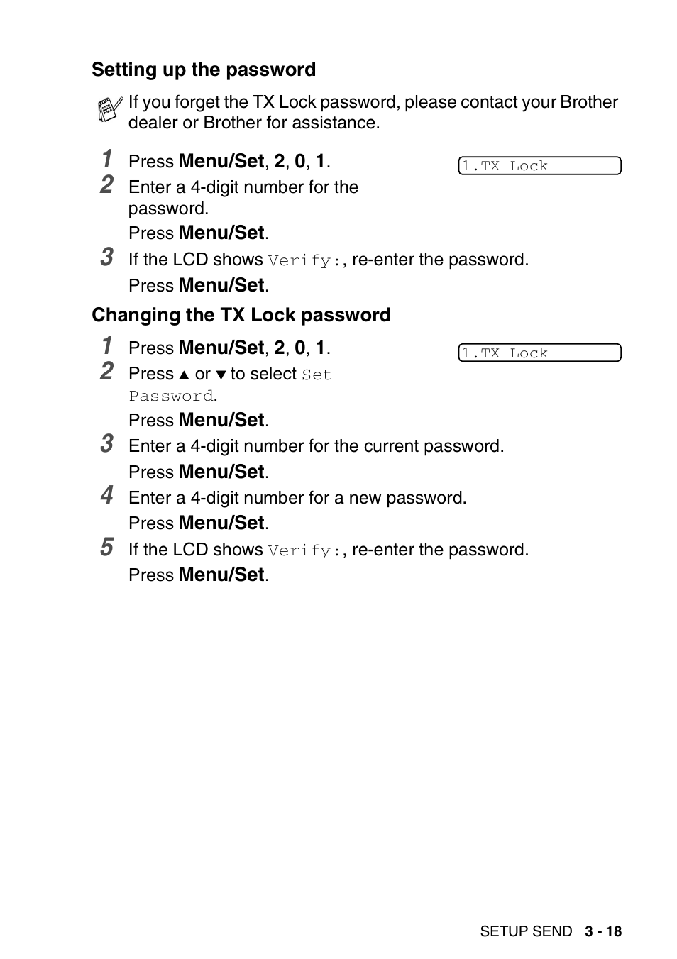 Setting up the password, Changing the tx lock password | Brother 1840C User Manual | Page 60 / 192