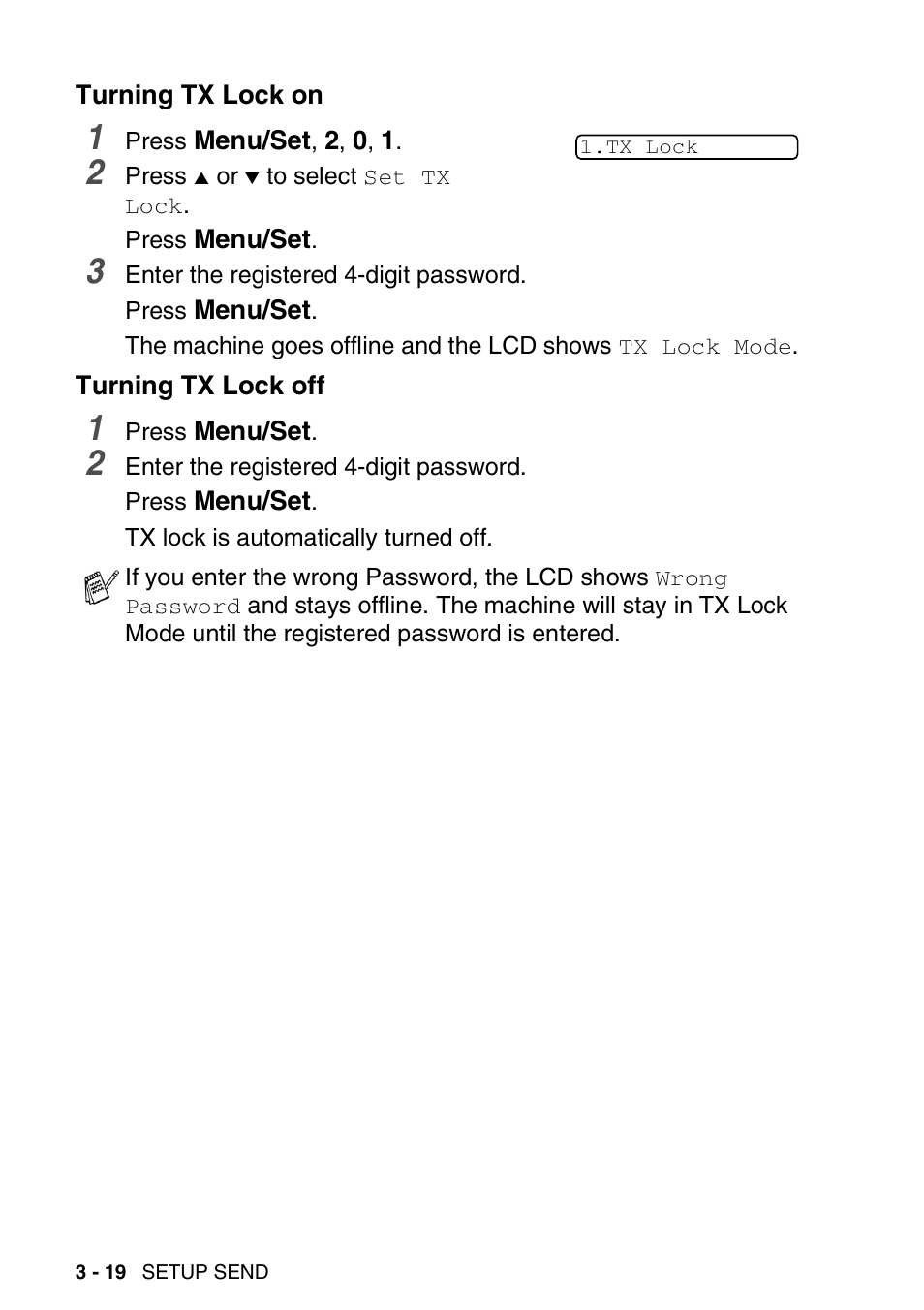 Turning tx lock on, Turning tx lock off, Turning tx lock on -19 turning tx lock off -19 | Brother 1840C User Manual | Page 61 / 192