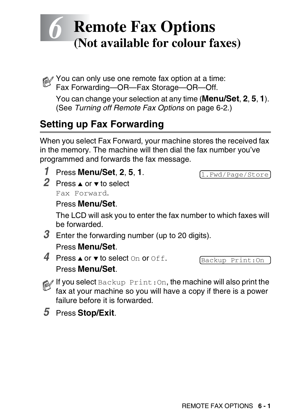 Setting up fax forwarding, Setting up fax forwarding -1, Remote fax options | Not available for colour faxes) | Brother 1840C User Manual | Page 80 / 192