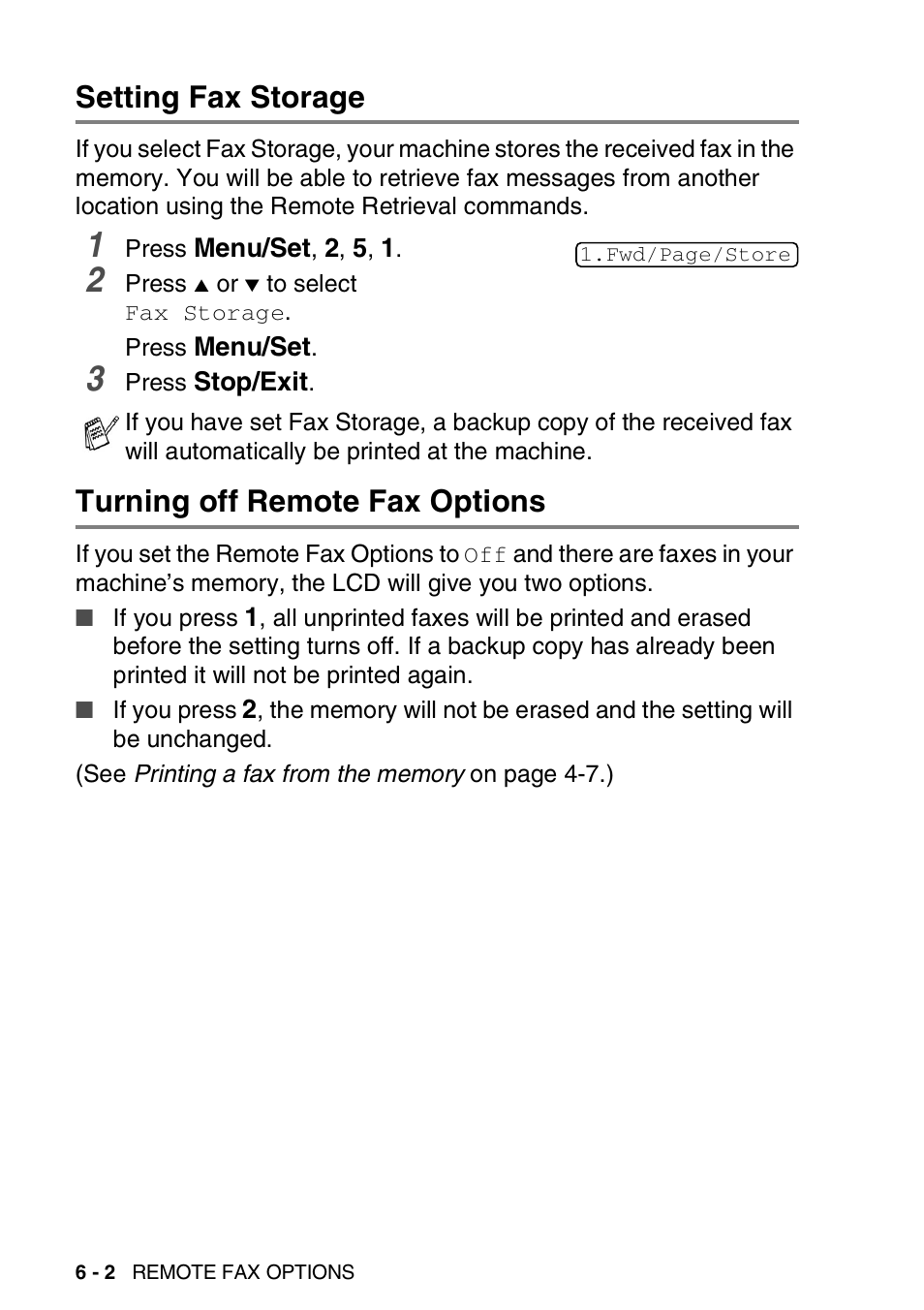Setting fax storage, Turning off remote fax options | Brother 1840C User Manual | Page 81 / 192