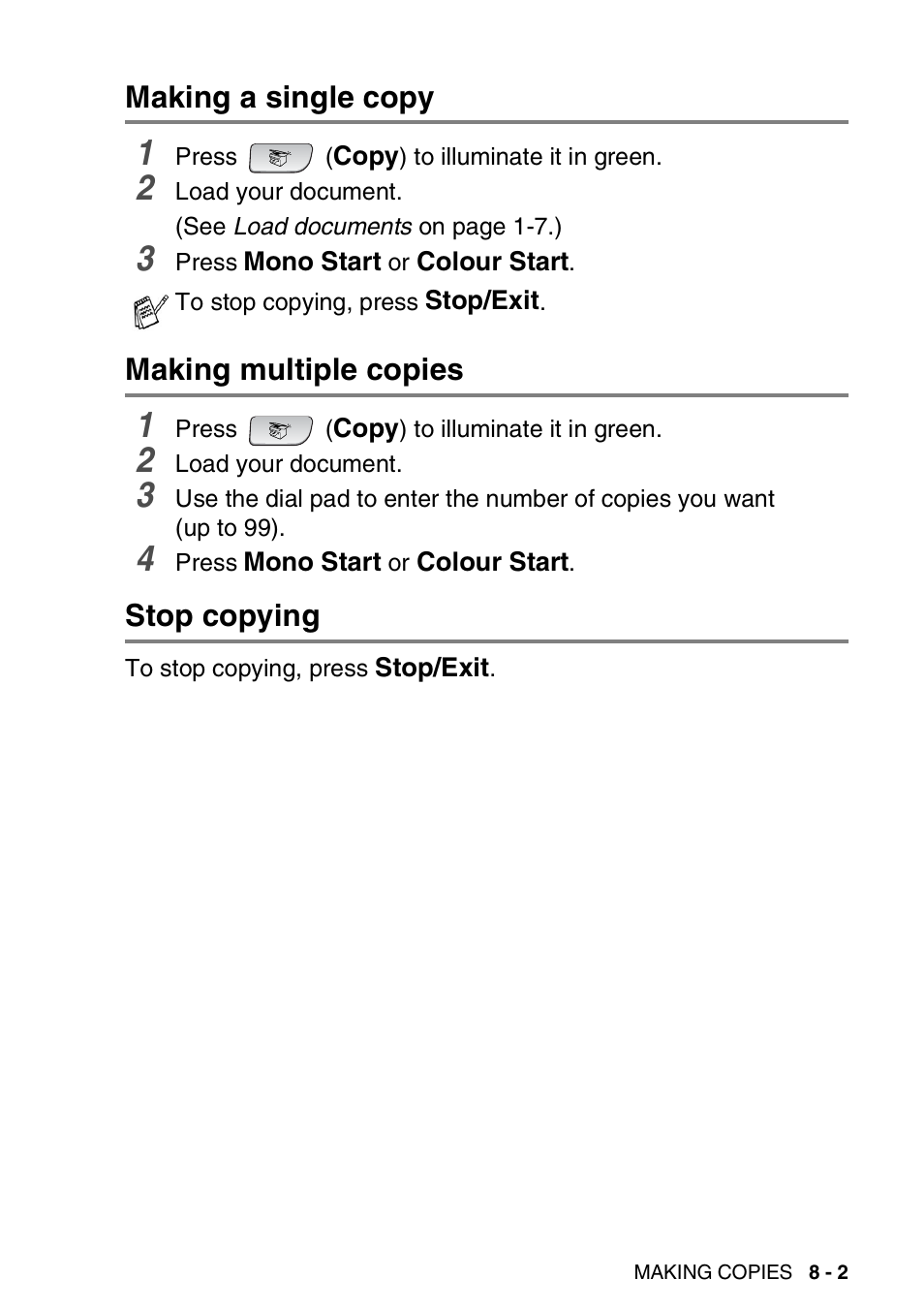 Making a single copy, Making multiple copies, Stop copying | Brother 1840C User Manual | Page 90 / 192