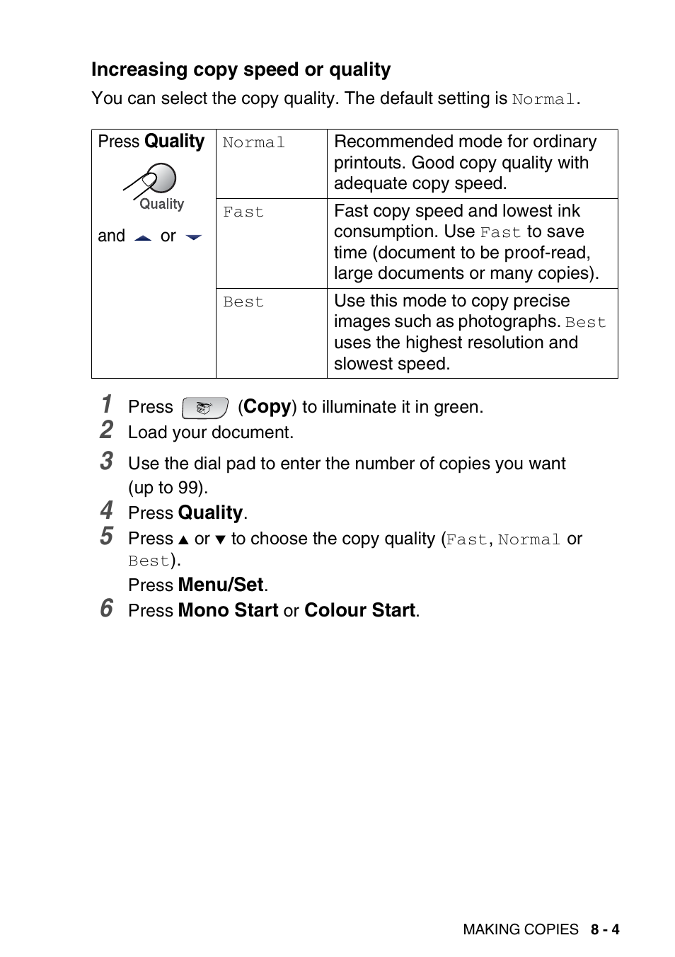 Increasing copy speed or quality, Increasing copy speed or quality -4 | Brother 1840C User Manual | Page 92 / 192