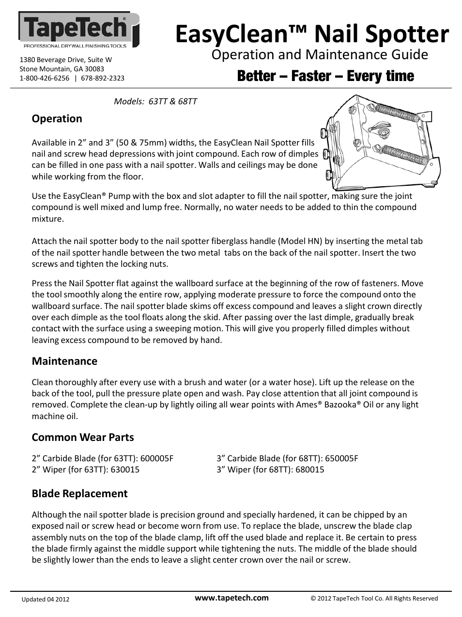 Slide number 2, Easyclean™ nail spotter, Operation and maintenance guide | Better – faster – every time, Operation, Maintenance, Common wear parts, Blade replacement | TapeTech 63TT EasyClean Nail Spotter User Manual | Page 2 / 2