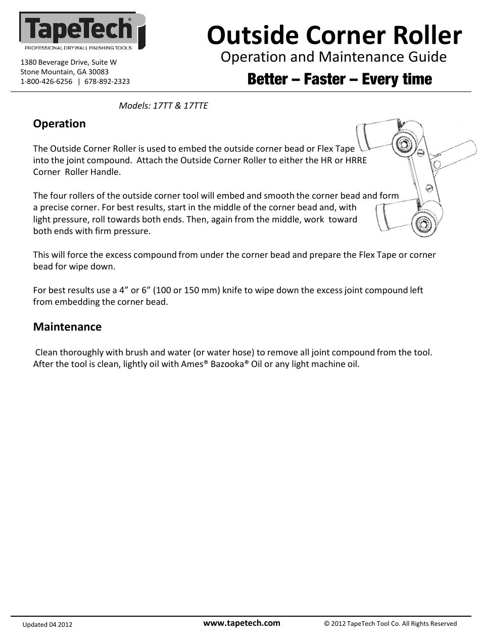 Slide number 2, Outside corner roller, Operation and maintenance guide | Better – faster – every time, Operation, Maintenance | TapeTech 17TT Outside Corner Roller User Manual | Page 2 / 2