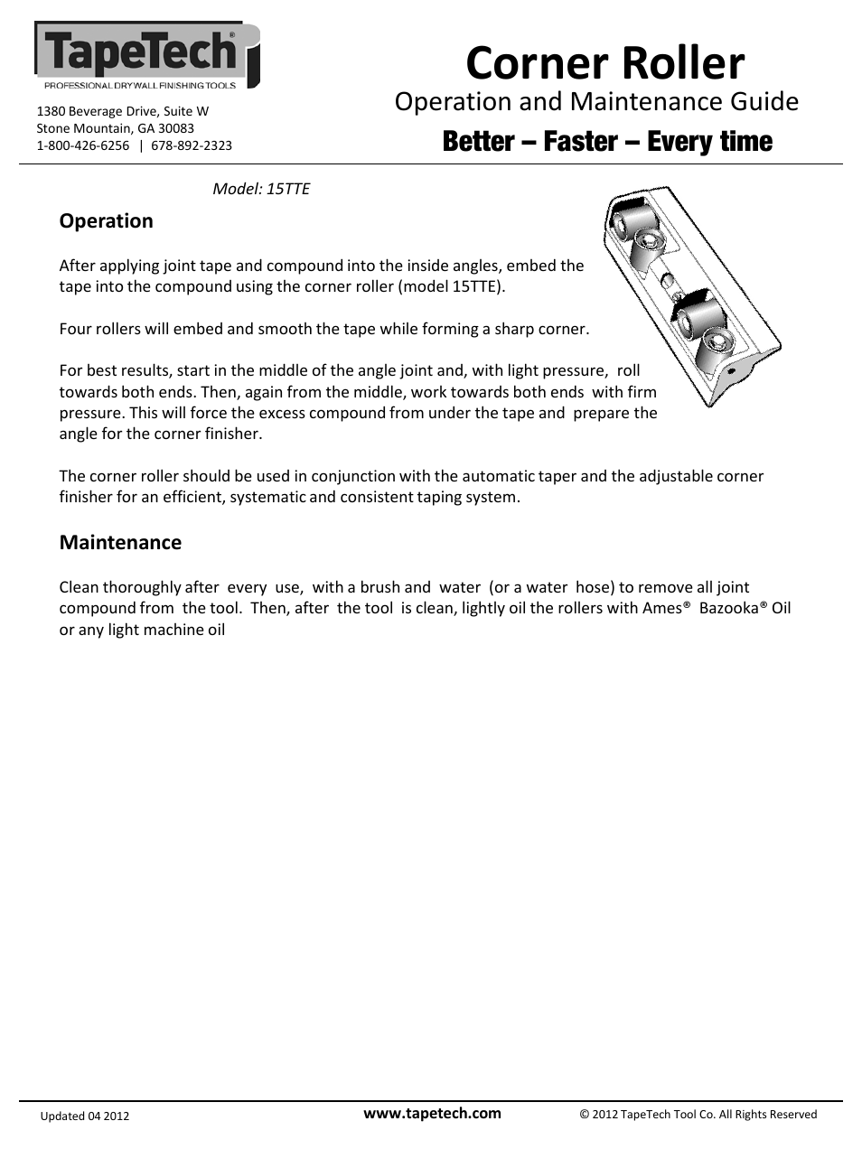 Slide number 2, Corner roller, Operation and maintenance guide | Better – faster – every time, Operation, Maintenance | TapeTech 15TTE Corner Roller User Manual | Page 2 / 2