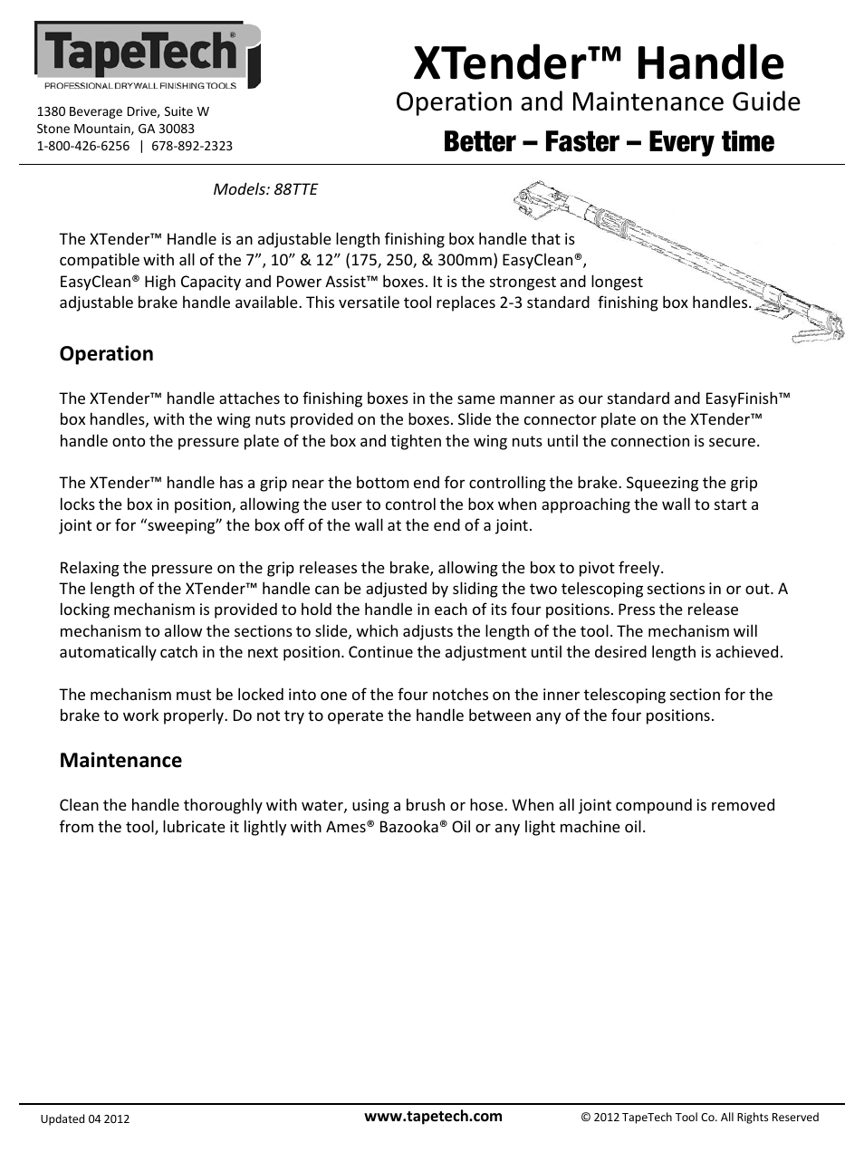 Slide number 2, Xtender™ handle, Operation and maintenance guide | Better – faster – every time, Operation, Maintenance | TapeTech 88TTE XTender Finishing Box Handle User Manual | Page 2 / 2