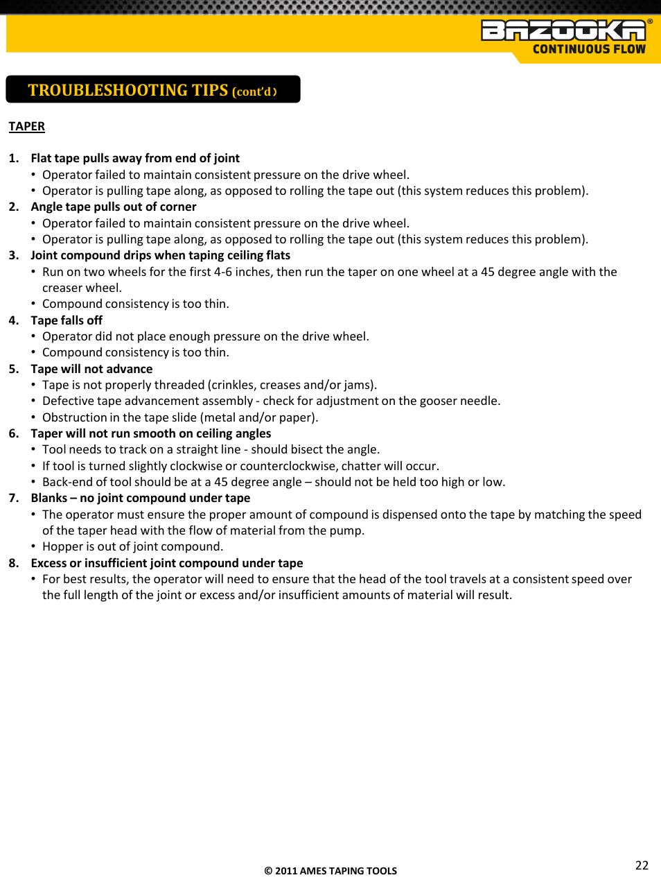 Troubleshooting tips | TapeTech T05CF Bazooka Continuous Flow Taper User Manual | Page 23 / 29