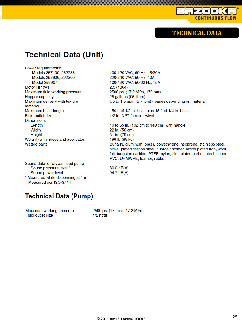 Technical data | TapeTech T05CF Bazooka Continuous Flow Taper User Manual | Page 26 / 29