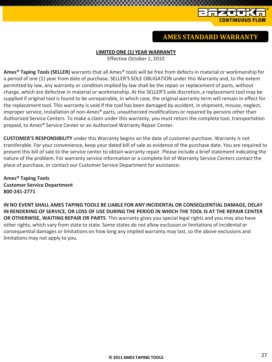 Ames standard warranty | TapeTech T05CF Bazooka Continuous Flow Taper User Manual | Page 28 / 29