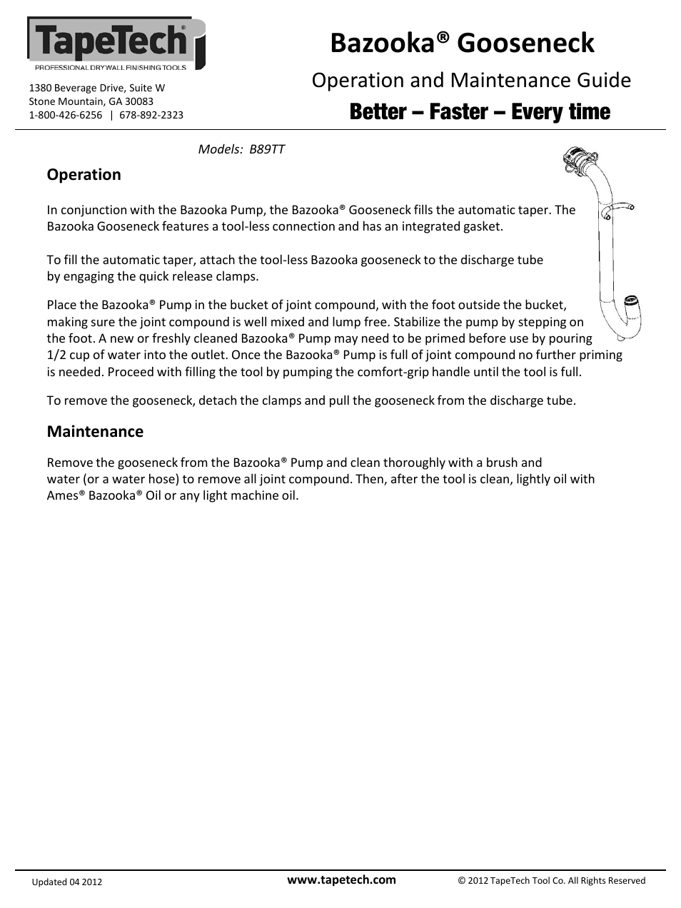 Slide number 2, Bazooka® gooseneck, Operation and maintenance guide | Better – faster – every time, Operation, Maintenance | TapeTech B89TT Gooseneck Adapter for Bazooka Pump User Manual | Page 2 / 2